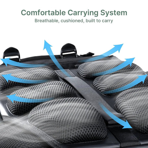 Close-up of padded back support on Rugged Modular Waterproof Camera Backpack With Front Pack And Magic Arm Rig Exoskeleton Design