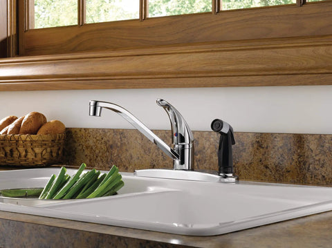 Single Handle Kitchen Sink Faucet With Integrated Side Sprayer Chrome Finish 360 Degree Swivel No Fuss Easy Install 3 Hole 8 Inch Design Durable Chrome Tap Lifetime Limited Warranty in modern kitchen setup