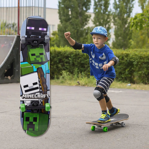 Child riding a skateboard next to a Minecraft Mob 31 Inch Skateboard With 9-Ply Maple Deck For Cruising, Carving, Tricks And Downhill