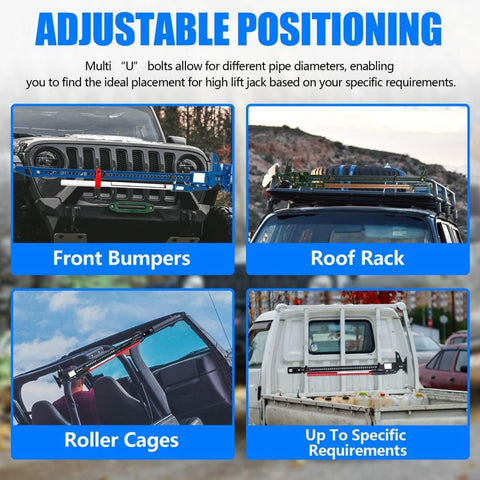 Hi Lift Jack Tube Mount For 1 To 2.5 Inch Tubing Fits Polaris RZR Offroad Rigs Universal Vehicle And Truck Adjustable High Lift Jack Mounting Aluminum With Stainless Hardware installed on various vehicle parts like bumpers and racks.