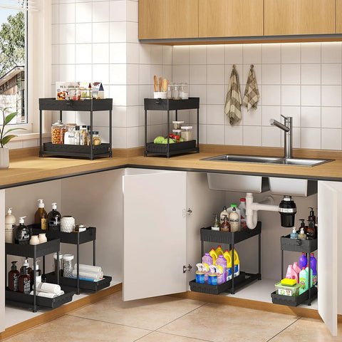 Four Pack Two Tier Under Sink Organizer With Hassle Free Slide Out Drawers For Bathroom Vanities And Kitchen Cabinets heavy duty storage rack under sink with cleaning supplies and organized jars