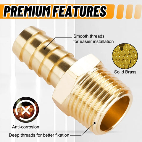 Close-up of brass barb adapter with smooth threads for the Brass Hose Fittings Kit With Barbs And NPT Adapters For Air And Fluid Lines.