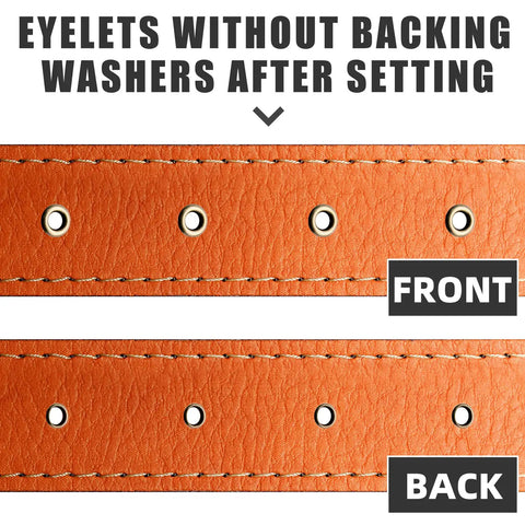 Front and back view of orange material with One Eighth Inch ID Brass Grommets Eyelets 200 Pieces Metal Grommet Kit installed.