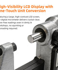 Close-up of 0-1 Inch Digital Micrometer With Carbide Tip, 0.00005 Inch Resolution, 0-25mm Range showcasing LCD display.