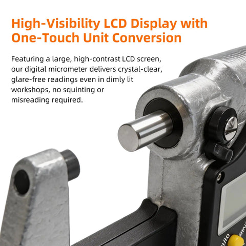 Close-up of 0-1 Inch Digital Micrometer With Carbide Tip, 0.00005 Inch Resolution, 0-25mm Range showcasing LCD display.