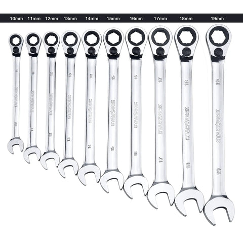Reversible 20-Piece Ratcheting Wrench Set With Long Pattern, 6-Point Non-Slip Wrenches, sizes 10-19mm displayed.