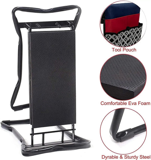 Foldable Garden Kneeler Seat 2 In 1 With EVA Foam Kneeling Pad And Tool Bag For Knee Pain Relief And Back Support, side view showing steel frame and tool pouch