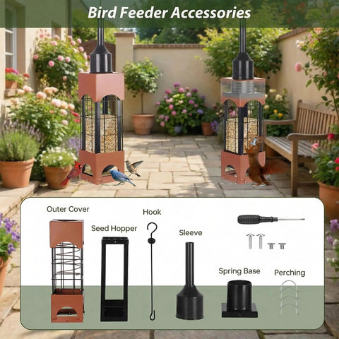 Squirrel Proof Outdoor Bird Feeders With 5 Pound Capacity Metal Tube Design Beefy Build Heavy Duty Chew Proof For Cardinal Finch Chickadee Birds Garden Yard Hanging Decor displayed with accessories and setup guide in a garden.
