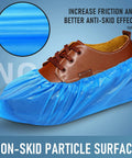 Brown shoe with Disposable Shoe Covers For Indoors Pack Of 200 100 Pairs Non Slip Waterproof Durable CPE Material Recyclable One Size Fits Most Blue Ideal For Hospitals Labs Kitchens Homes And Food Prep Everyday Indoor Use