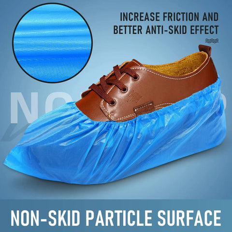 Brown shoe with Disposable Shoe Covers For Indoors Pack Of 200 100 Pairs Non Slip Waterproof Durable CPE Material Recyclable One Size Fits Most Blue Ideal For Hospitals Labs Kitchens Homes And Food Prep Everyday Indoor Use