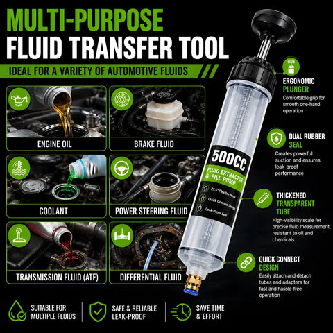 Heavy Duty 500CC Fluid Extractor Pump With Dual Hoses For Quick Oil And Transmission Swap, shows dual rubber seal and ergonomic plunger.