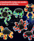 Five colorful transformable chain robot fidget spinners for stress relief on a digital background