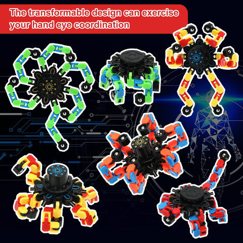 Five colorful transformable chain robot fidget spinners for stress relief on a digital background