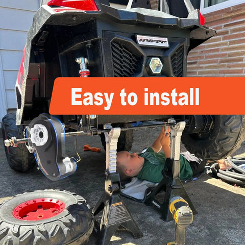 Child installing 24V Power Wheels Upgrade Motor With 50000RPM RS555 Gearbox under ride-on car