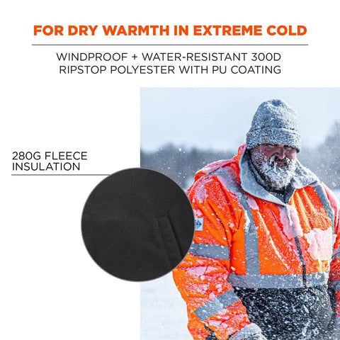 Man wearing Hi Vis Reflective Winter Bomber Jacket With Zip Out Fleece Liner in snowy landscape, showing ANSI Compliant ripstop shell.