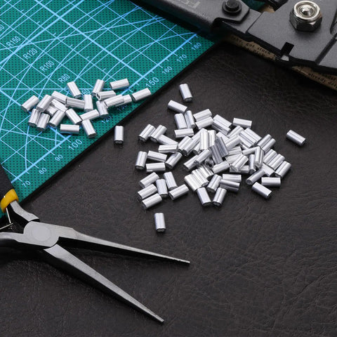 Heavy Duty Aluminum Crimp Sleeve Kit, 100 Pcs Double Barrel Cable Ferrules For Wires And Ropes, One Thirty Second Inch Diameter, End Sleeves For Cables And Line Ends, Quick Crimping For DIY Projects And Marine Gear, aluminum sleeves on cutting mat