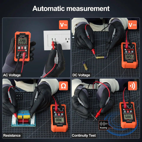 Must Have All In One Digital Multimeter Volt Meter TRMS 4000 Counts Auto Range NCV Voltage Tester shown testing AC DC voltage, resistance, and continuity