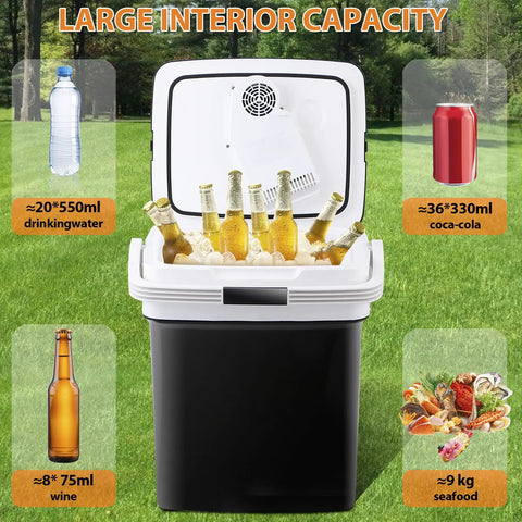 28 Quart Portable Mini Fridge And Electric Cooler Warmer For Car With 12V Dc Plug And Auto Locking Handle Keep Your Cool Or Crank The Heat While Hitting The Open Road storing drinks and seafood in large capacity cooler.