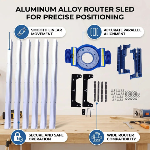 Router Sled Kit With Aluminum Alloy Slab Flattening Jig Precise Rail shown with components on a workbench, highlighting features.