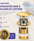 Heavy Duty Brass Pop Up Drain For Freestanding Tub With Brushed Gold Finish And Smart Hair Catcher detailed view showing components.
