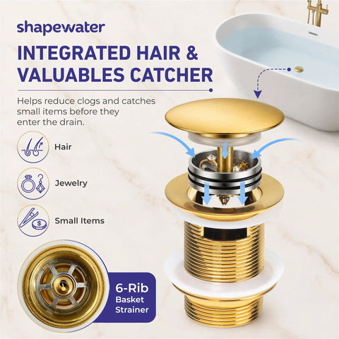 Heavy Duty Brass Pop Up Drain For Freestanding Tub With Brushed Gold Finish And Smart Hair Catcher detailed view showing components.