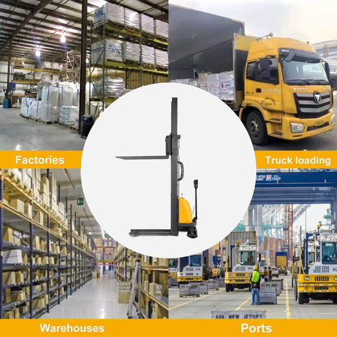 Heavy-Duty Semi-Electric Stacker Pallet Lift With 3300 Lbs Capacity And 118 Inch Reach Height in warehouse, trucks, and factories.