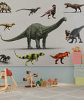 Large Size Dinosaur Wall Decals Vinyl Self Adhesive Kit For Bedrooms And Living Rooms Waterproof Safe For Boys Girls And Adults Nursery Classroom Bathroom Decor 15.7 By 31.5 Inches with colorful 3D dinos on wall.