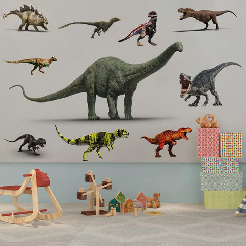 Large Size Dinosaur Wall Decals Vinyl Self Adhesive Kit For Bedrooms And Living Rooms Waterproof Safe For Boys Girls And Adults Nursery Classroom Bathroom Decor 15.7 By 31.5 Inches with colorful 3D dinos on wall.