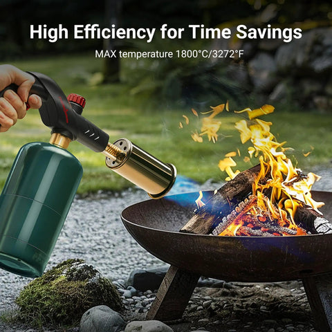 Person using a Powerful Propane Kitchen Torch For Searing Steak, Grilling And BBQ, adjustable flame lighting campfire