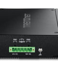 8 Port Industrial Gigabit PoE Plus DIN Rail Switch Built Tough For Rugged Environments, front view showing power connections