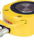 RSM 1000 Flat Jac Single Acting Low Height Hydraulic Cylinder With 100 Ton Capacity One Port 0.63 Inch Stroke Quick Connect CR 400 Female Coupler Corrosion Resistant Enamel Finish Built For Tight Spaces in yellow with handle and coupler