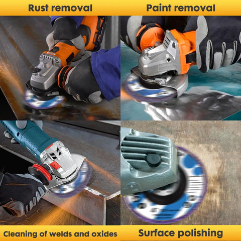 10 Pack 4 Inch Angle Grinder Stripping Wheel Set for Paint and Rust Removal in use on various metal surfaces with 5/8 Inch Arbor