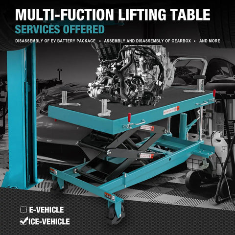 Heavy Hitter One Ton Hydraulic Battery Lift Table Adjustable Height Electric Vehicle Service Platform with engine mounted for maintenance.