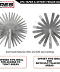 ARES 2-piece feeler gauge set with tapered and offset blades on two circular wheels; dual-marked SAE and metric sizes.
