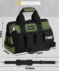 Front view of Heavy Duty Tool Bag 15 Inch With 16 Pocket Portable Tool Box Organizer, green, with dimensions shown.