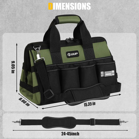 Front view of Heavy Duty Tool Bag 15 Inch With 16 Pocket Portable Tool Box Organizer, green, with dimensions shown.