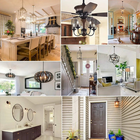Collage of home interiors showcasing various lighting fixtures with focus on 12-Pack Dimmable E12 LED Candelabra Bulbs 40W Equivalent 2700K Warm White.