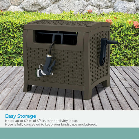 Wicker Style Hose Hideaway With 175 Ft Resin Hose Reel Java Outdoor Garden Reel with Slide Trak Guide and Crank Handle