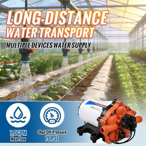 Five Chamber 110V AC Fresh Water Diaphragm Pump With On Demand Pressure Switch for Irrigation shown in greenhouse setting