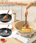 Two Pack Acacia Wood Spatulas Set With Solid And Slotted Turners Long Handle Flat Frying Spatulas For Cooking Frying And Baking Eco Friendly Kitchen Utensils Gift For Mom And Grandma Chef Approved For Busy Cooks shown in a non-stick pan