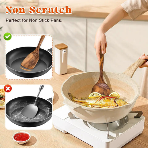 Two Pack Acacia Wood Spatulas Set With Solid And Slotted Turners Long Handle Flat Frying Spatulas For Cooking Frying And Baking Eco Friendly Kitchen Utensils Gift For Mom And Grandma Chef Approved For Busy Cooks shown in a non-stick pan