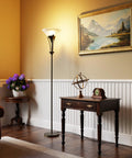 71 Inch Dark Bronze Floor Lamp With Alabaster Glass Shade standing in living room setting, rustic modern style, warm diffused light.