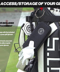 Performance Golf Glove Case With Heavy Duty Hard Shell And Breathable Mesh Back Keeps Your Gloves Neat Dry And Protected On The Course Air Flow Through Back Venting Moisture Black During Play And Travel hanging on golf bag with carabiner.