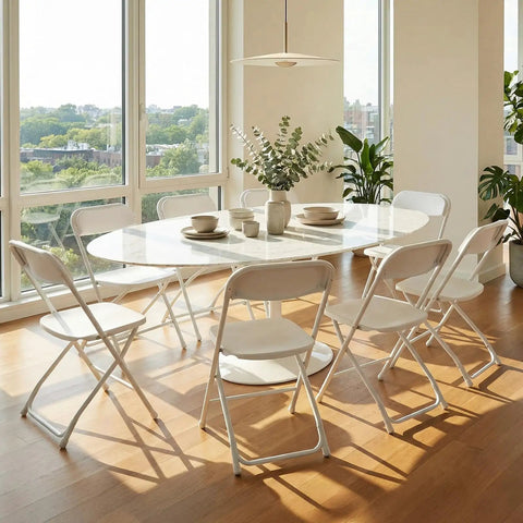 Folding Chairs Set Of 20 With 330 Lb Capacity around a dining table in a bright indoor setting