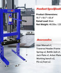 Blue Six Ton H Frame Hydraulic Shop Press For Home Garage Heavy Duty Floor Model With Adjustable Height and Stamping Plates.