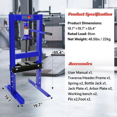 Blue Six Ton H Frame Hydraulic Shop Press For Home Garage Heavy Duty Floor Model With Adjustable Height and Stamping Plates.
