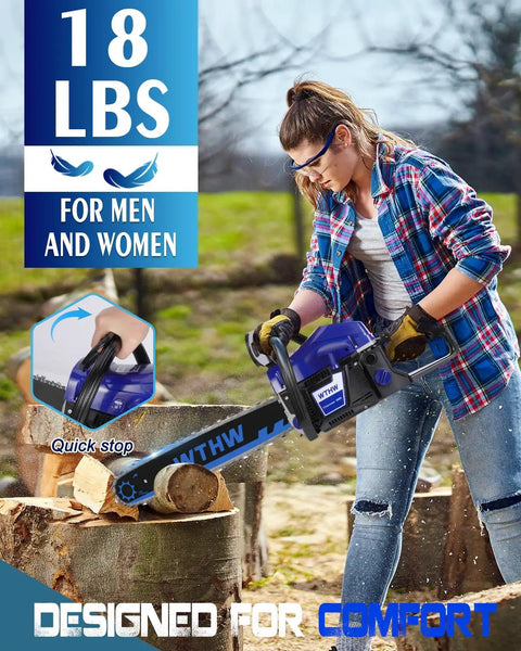 Person using 58cc Gas Powered Chainsaw With 20 Inch And 18 Inch Quick Switch Bars for wood cutting outdoors
