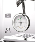 Close-up of the pressure gauge on the Top Tier Chrome Espresso Machine Cranking Out Perfection With A Rotary Pump Heat Exchanger And PID Temp Control.