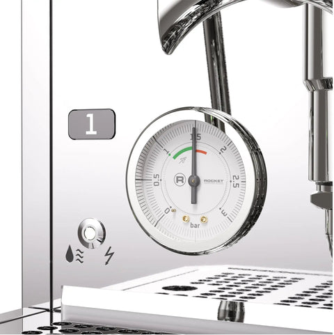 Close-up of the pressure gauge on the Top Tier Chrome Espresso Machine Cranking Out Perfection With A Rotary Pump Heat Exchanger And PID Temp Control.