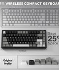 Compact 75 Percent Wireless Mechanical Gaming Keyboard With Hella Smooth Triple Connection Modes And A Massive Ten Thousand Milliamp Hour Battery, top view with dimensions.